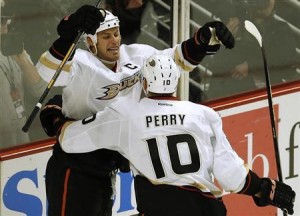 Anaheim Ducks' Getzlaf celebrates his goal against the Chicago Blackhawks during their NHL game in Chicago