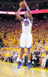 D. Ross Cameron San Jose Mercury News Golden State Warriors' Harrison Barnes (40) makes a three pointer against the San Antonio Spurs in the third quarter for Game 4 of the Western Conference semifinals at Oracle Arena on Sunday, May 12, 2013 in Oakland, Calif.  (D. Ross Cameron/Bay Area News Group)