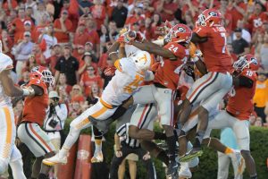 Oct 1, 2016; Athens, GA, USA; Tennessee Volunteers wide receiver Jauan Jennings (15) catches a game winning touchdown pass in front of Georgia Bulldogs safety Dominick Sanders (24) on the last play on the game during the fourth quarter at Sanford Stadium. Tennessee defeated Georgia 34-31. Mandatory Credit: Dale Zanine-USA TODAY Sports ORG XMIT: USATSI-270224 ORIG FILE ID: 20161001_ggw_sz2_026.JPG